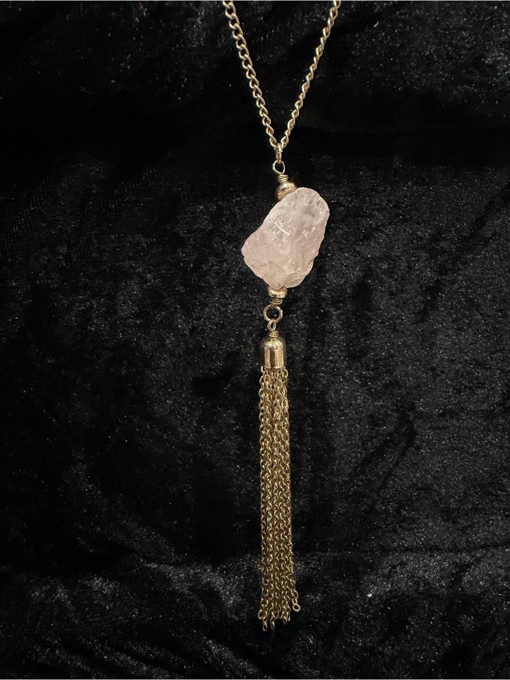 Gold Chain Necklace with Pink Raw Stone and Tassel